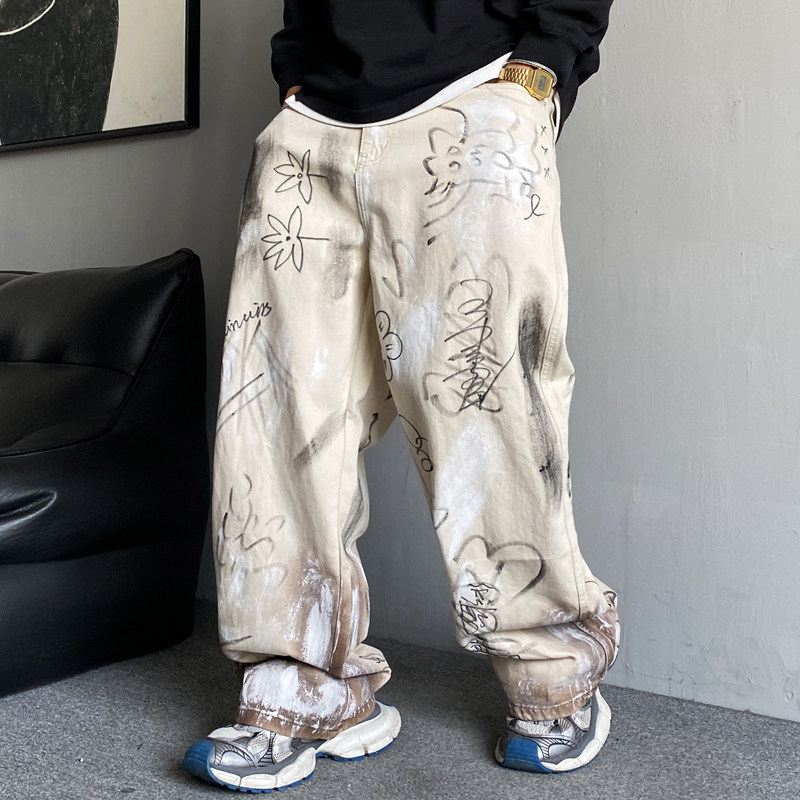 春季美式休闲痞帅重磅复古涂鸦印花牛仔裤男直筒宽松百搭阔腿裤子,男装,牛仔裤,淘宝优惠券,粉丝福利购,淘宝优惠卷