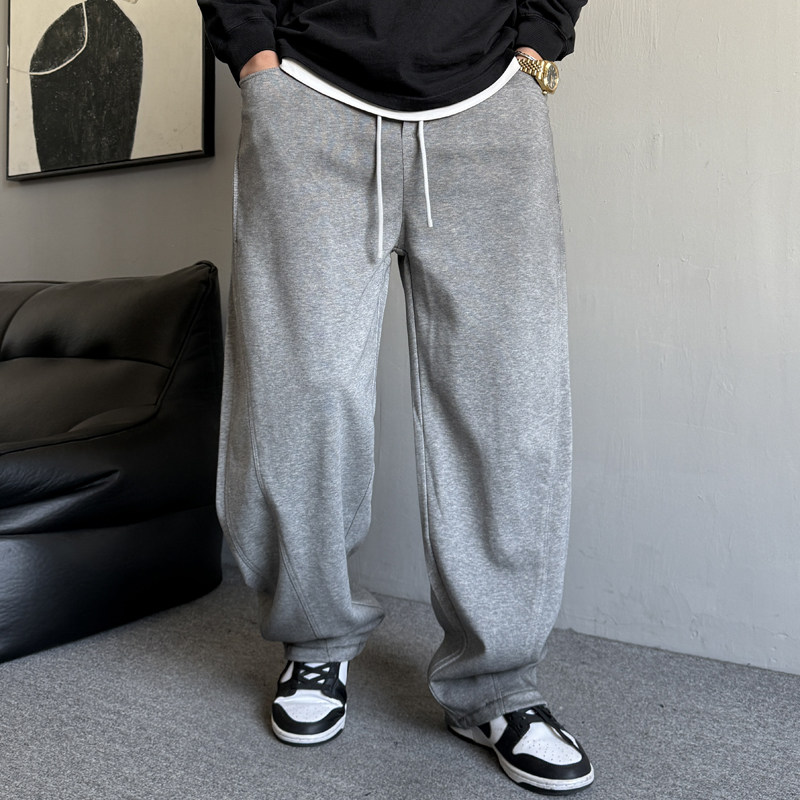 春秋季美式休闲裤复古脏洗灰色卫裤男直筒宽松百搭运动阔腿裤子潮