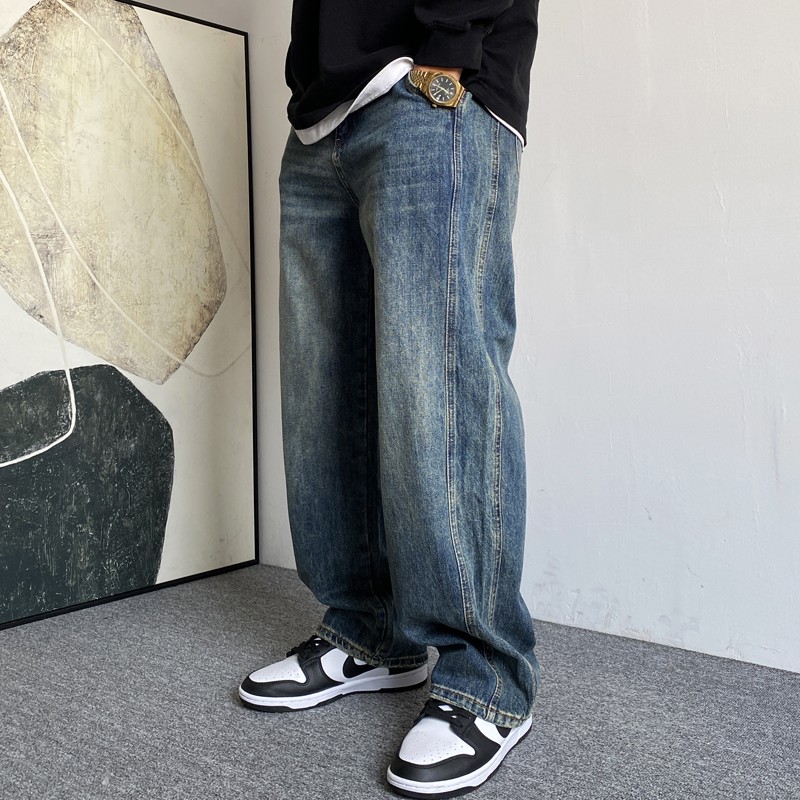 高端水洗复古牛仔裤男直筒宽松
