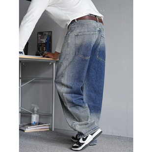 男直筒宽松通勤百搭阔腿弯刀裤 休闲痞帅复古做旧牛仔裤 美式 春秋季