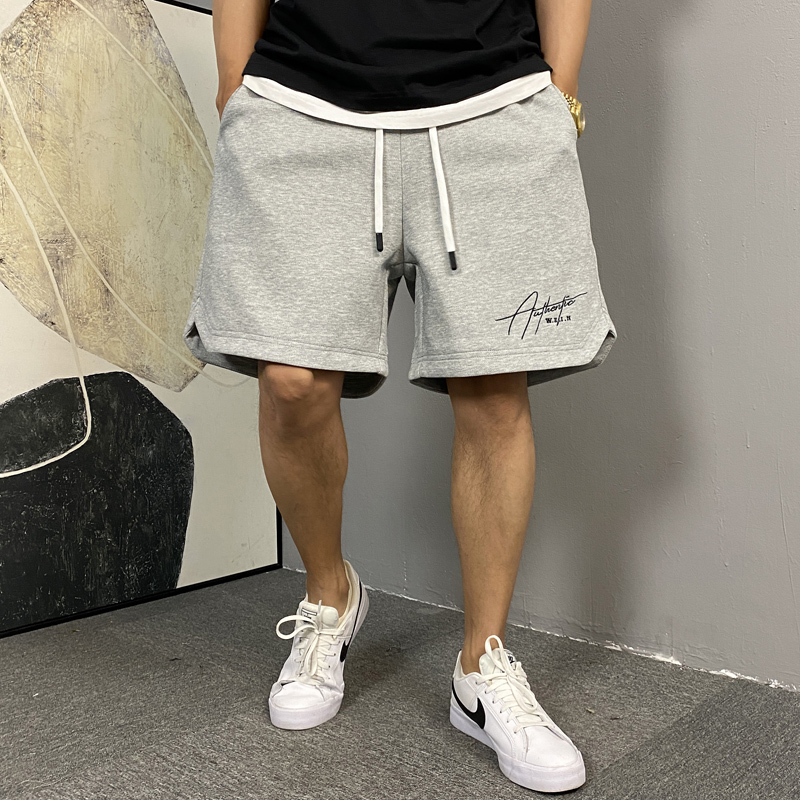 重磅刺绣灰色短裤男宽松潮牌