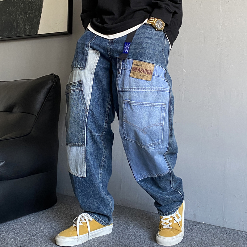 个性补丁工装牛仔裤男直筒宽松