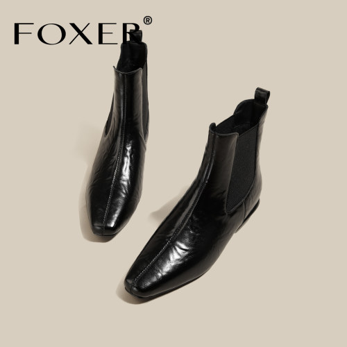 FOXER黑色切尔西短靴女方头粗跟