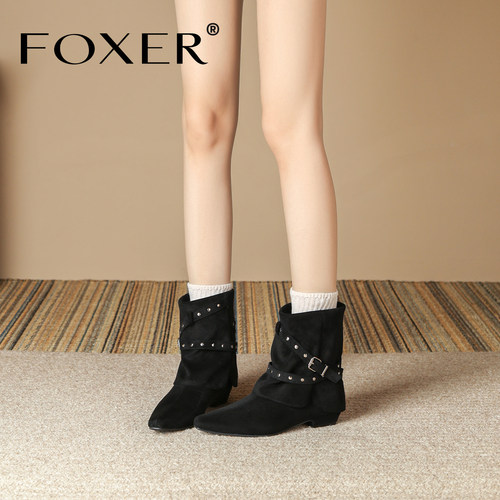 FOXER英伦风尖头裤管靴子女黑色