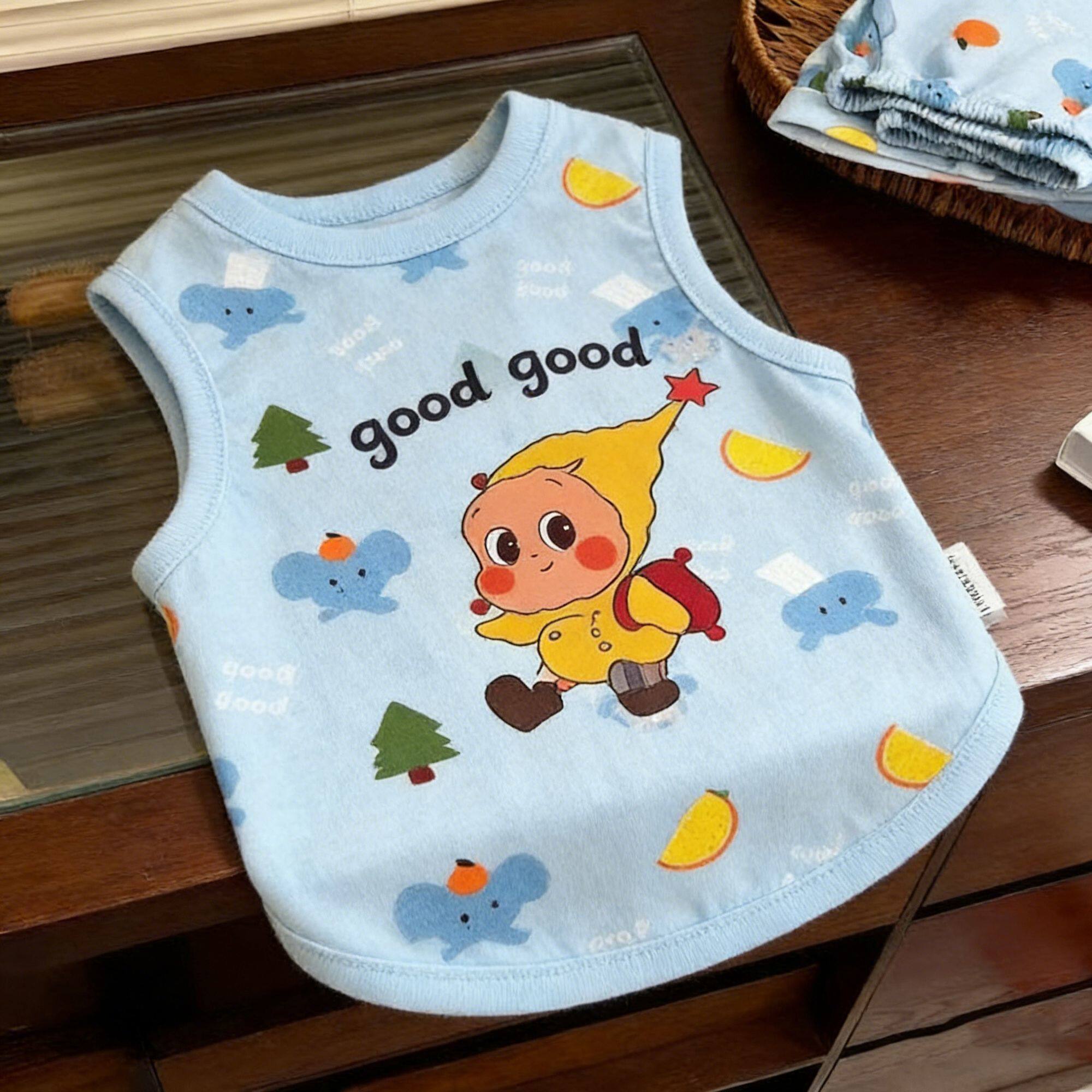 宠物狗狗衣服天蓝色星星人清新满印透气薄款背心小中型犬春夏