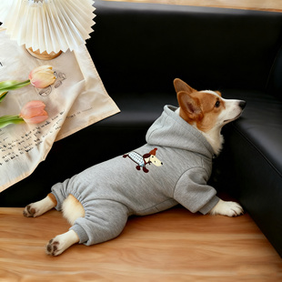 狗衣服冬季 灰色卡通小狗刺绣秋冬中型犬柯基法斗保暖连帽四脚衣