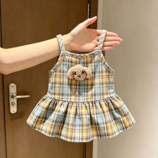宠物狗狗衣服焦糖奶格纹公仔荷叶裙摆公主吊带裙猫咪小型犬春夏