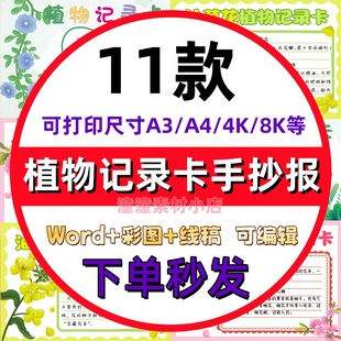 植物记录卡手抄报电子版模板三年级自然笔记我的植物朋友名片线稿