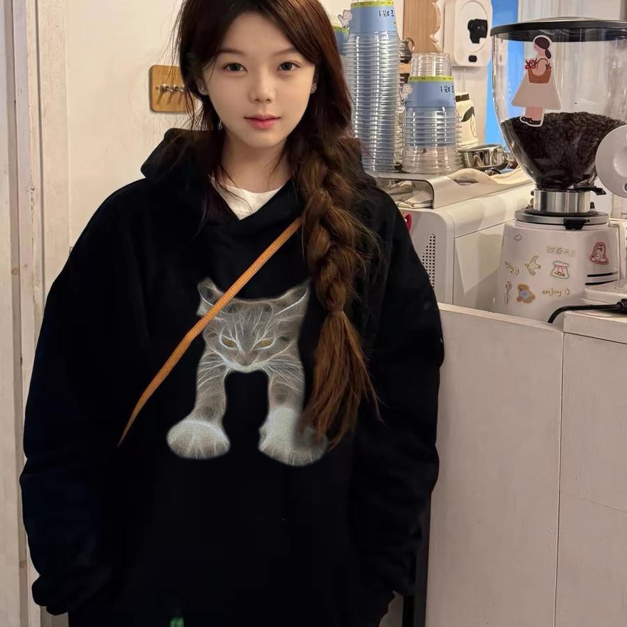 纯棉卫衣女2024新款爆款春秋冬薄款连帽美式宽松灰色加绒加厚外套