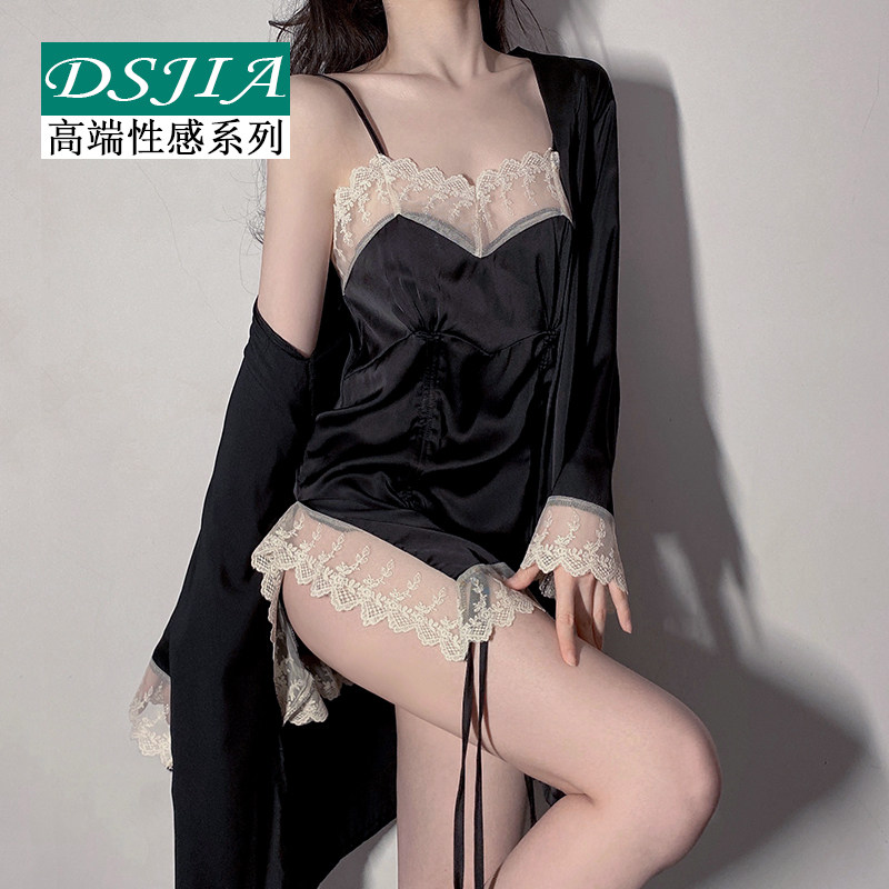 夏季冰丝性感睡衣女蕾丝吊带睡裙2022年新款纯欲真丝绸睡袍两件套