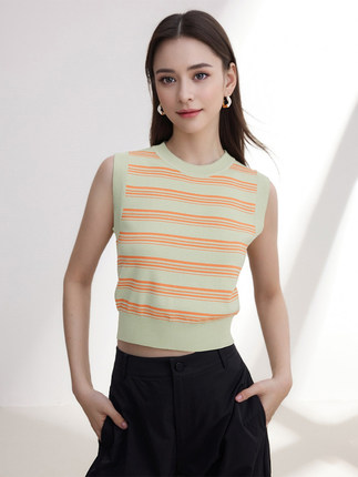 OHD&ONE女装夏季无袖圆领T恤针织衫时尚条纹运动风显瘦短款上衣女