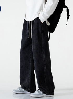 AFZZ春秋显瘦潮牌黑色牛仔裤中性风宽松直筒美式街百搭阔腿长裤