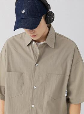 AFZZ春夏款日系复古纯色口袋短袖衬衫宽松潮牌工装衬衣外套男女