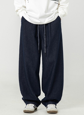 AFZZ春季新款美式复古个性松紧腰绳牛仔裤宽松直筒休闲裤子男