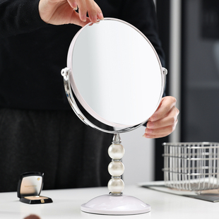 高清台式化妆镜双面珍珠立柱桌面梳妆镜便携美妆镜大号放大美容镜