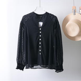 衬衫 美国单 女士复古优雅显瘦植绒波点雪纺V领长袖 新款 女 春季