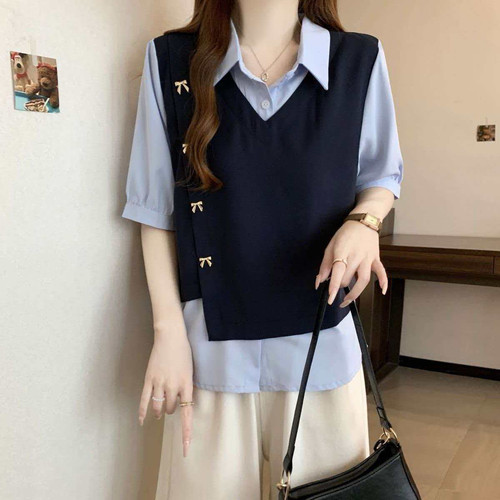 大码撞色拼接假两件POLO领短袖衬衫女夏季胖妹妹宽松显瘦百搭上衣