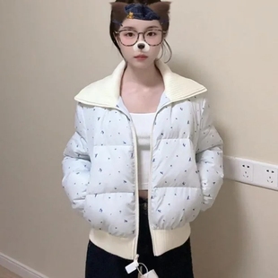 棉服外套 蓝色宽松保暖短款 温柔甜妹风长袖 翻领碎花羽绒棉袄女冬季