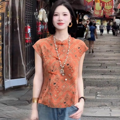 新中式国风短袖衬衫女士夏装新款洋气显瘦立领衬衣小个子百搭上衣