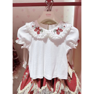 甜美日系chic别致上衣 女夏季 今年流行漂亮刺绣蕾丝娃娃领衬衫 短袖