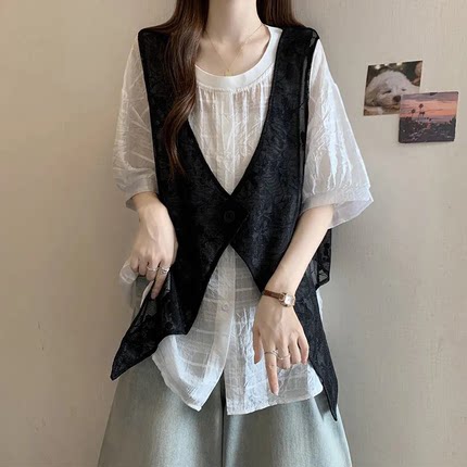 假两件蕾丝网纱马甲短袖衬衫女夏季大码微胖mm显瘦独特中长款上衣
