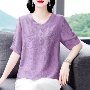 洋气妈妈 上衣气质天丝棉麻短袖 T恤女士夏装 新款 百搭宽松显瘦小衫