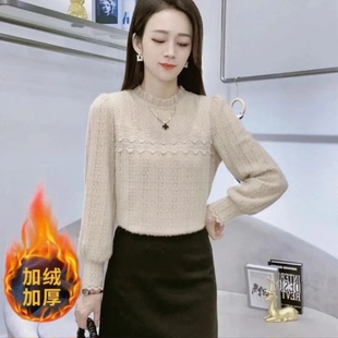 爆款 内搭漂亮雪纺上衣2025新款 女早秋季 加绒加厚半高领蕾丝打底衫