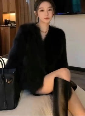 皮毛一体仿狐狸毛皮草短款外套女气质名媛小个子毛毛上衣厚秋冬季