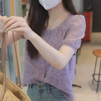 粉色花边短袖衬衫女款2025新款夏季减龄设计法式别致绝美小上衣