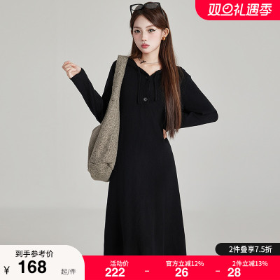 绮娑大码女装宽松显瘦胖MM针织连衣裙秋冬新款连帽黑色毛衣内搭裙