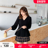 显瘦胖MM上衣女秋装 新款 气质百褶收腰遮肚子长袖 绮娑大码 V领小衫