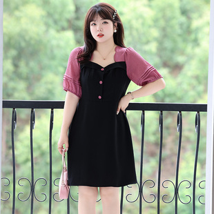 胖MM别致撞色短袖 2024夏装 方领收腰显瘦大码 法式 垂坠感连衣裙 新款
