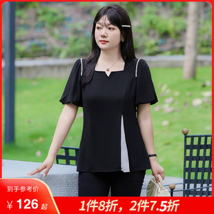 女裝 氣質(zhì)V領(lǐng)泡泡袖 新款 法式 上衣夏裝 開衩雪紡衫 顯瘦大碼 黑色短袖