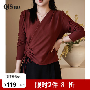 绮娑冬装新款大码女装套头长袖打底衫高级感咖色套头显瘦胖MM上衣