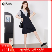 绮娑女装2025夏装新款显瘦胖mm短袖大码衬衫连衣裙假两件百褶裙