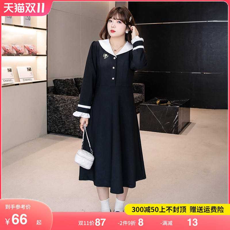 大码女装连衣裙2023年秋季新款减龄长款气质小黑裙显瘦遮肉胖mm