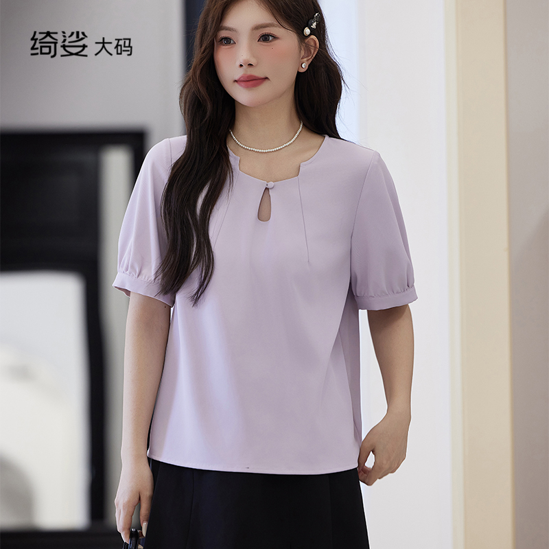 绮娑显瘦大码胖MM上衣女装夏2025新款小心机宽松直筒遮肉短袖衬衣