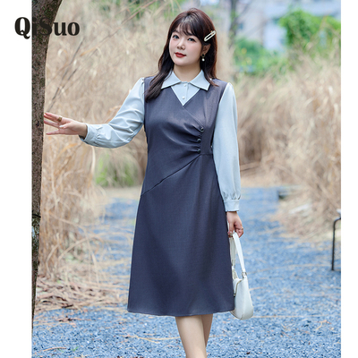 大码女装秋季冬新款显瘦胖MM连衣裙假两件套polp领遮肚子收腰长裙