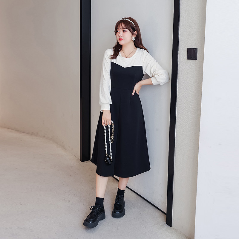 大码女装2024年秋新显瘦胖MM气质针织假两件连衣裙开叉长款A字