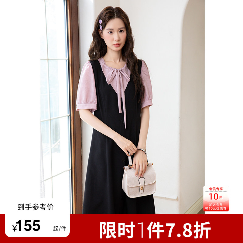 绮娑大码女装2026年夏装新款显瘦胖mm连衣裙假两件收腰A字小黑裙图片