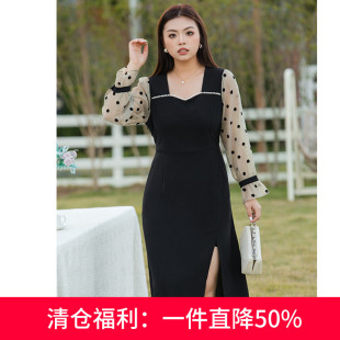 气质开衩胖MM显瘦拼接波点雪纺A字裙 早秋连衣裙2024新款 大码 女装