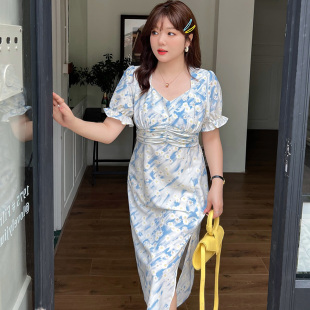 新款 连衣裙2023年夏装 收腰显瘦胖MM碎花雪纺A字长裙 女装 绮娑大码