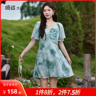 胖MM連衣裙百搭短袖 夏裝 新款 V領收腰顯瘦大碼 浪漫仙氣雪紡碎花裙