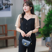 雪纺衫 显瘦大码 收腰法式 气质百搭方领短袖 胖MM上衣女2024夏装 新款