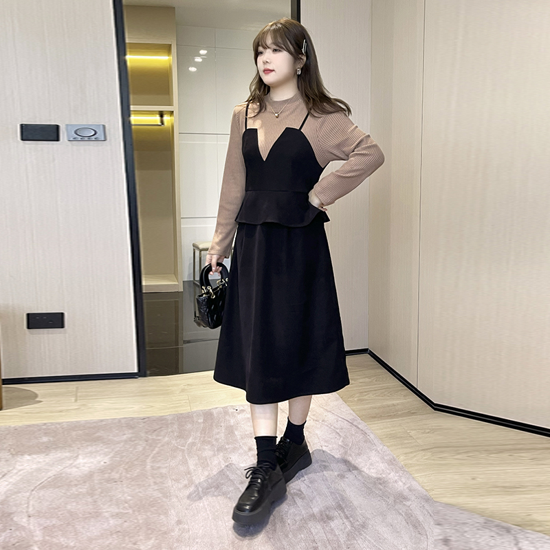 大码长袖假两件绮娑连衣裙