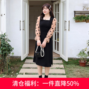 胖MM 方领开衩桃心网纱拼接吊带连衣裙收腰显瘦大码 2024年秋装 新款