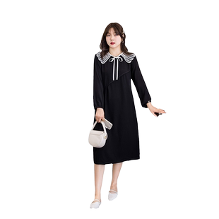 大码女装显瘦胖mm连衣裙2024年秋季新款娃娃领中长款小黑裙遮肚子