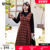 格子连衣裙 绮娑大码 新款 女装 假两件收腰显瘦胖MM磨毛复古长款 冬季