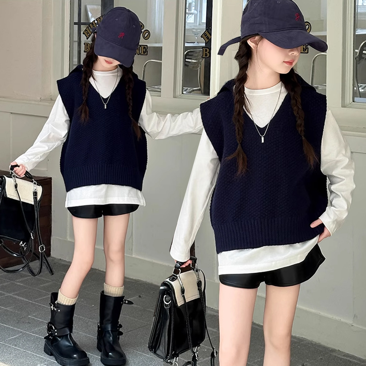 女童学院风套装2025秋季新品中大童坎肩马甲白色长袖T恤儿童上衣