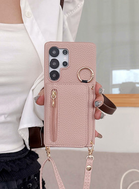 带挂绳卡包适用三星s25ultra手机壳新款卡位s23plus+肩带斜挎s22utral卡套A55零钱包A54斜背A35背带24U小挎包